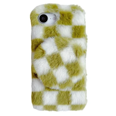 For iPhone 17e / 16e Fluffy Case Checkered Pattern Winter Plush Inner TPU Phone Cover with Mirror - Green