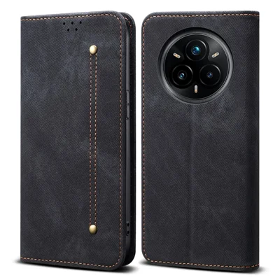 Voor Realme 14 Pro 5G hoesje met textuur van spijkerstof Antikras lederen standaard telefoonhoes - Zwart