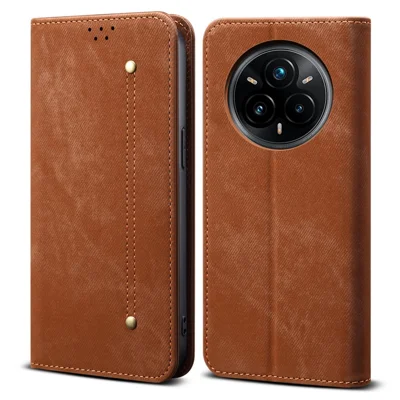 Voor Realme 14 Pro 5G hoesje met textuur van spijkerstof Anti-kras Lederen standaard telefoonhoes - Koffie