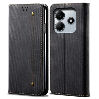 For Xiaomi Redmi Note 14 4G (163.25mm) Case Jeans Cloth Texture Anti-Scratch Leather Stand Phone Cover - Black