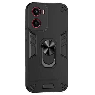 Voor Motorola Moto G05 4G hoesje PC+TPU valbescherming telefoonhoesje met ringstandaard - Zwart