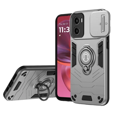 Voor Motorola Moto G05 4G hoesje Schuif Camshield Zwenkstand PC+TPU telefoonhoes - Grijs