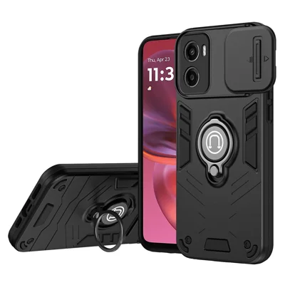Voor Motorola Moto G05 4G hoesje Schuif Camshield standaard ringhouder PC+TPU telefoonhoes - Zwart