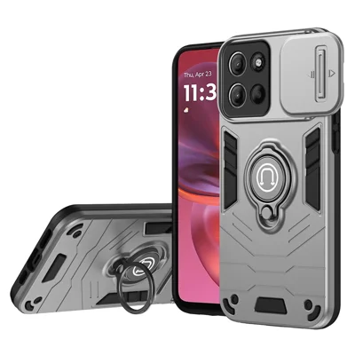 Voor Motorola Moto G15 4G hoesje Schuif Camshield Zwenkstand PC+TPU telefoonhoes - Grijs