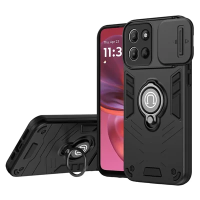 Voor Motorola Moto G15 4G hoesje Schuif Camshield Zwenkstand PC+TPU telefoonhoes - Zwart