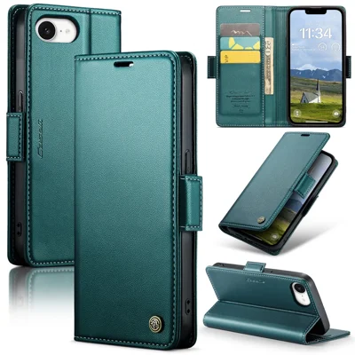CASEME For iPhone 17e / 16e Leather Case 023 RFID Blocking 3 Card Slot Mobile Cover - Green
