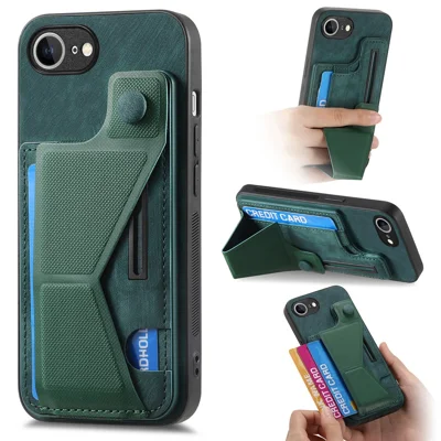For iPhone 17e / 16e Case with Card Slot Kickstand Retro Leather Back Cover - Green