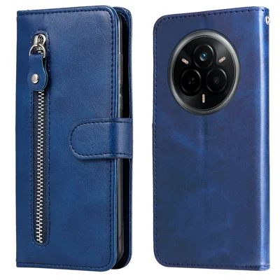 Voor Realme 14 Pro 5G hoesje met ritssluiting portemonnee Kalfstructuur PU lederen telefoonhoes - Blauw