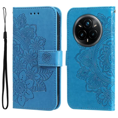 For Realme 14 Pro+ 5G Case Floral Pattern PU Leather Wallet Stand Phone Cover - Blue
