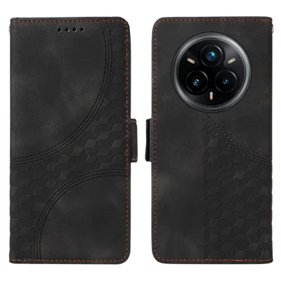 For Realme 14 Pro+ 5G Case PU Leather Phone Cover Rhombus Starry Imprinted - Black