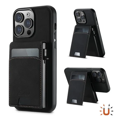 SUTENI H19 For iPhone 15 Pro Magnetic Case Card Holder Kickstand Litchi Texture Leather Back Cover - Black