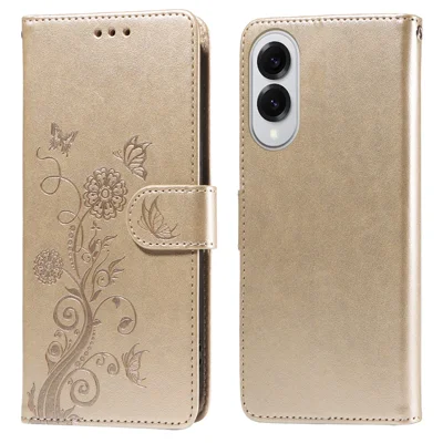 For Samsung Galaxy S25 Edge Phone Case Wallet Stand Butterfly Floral Imprint Leather Cover - Gold