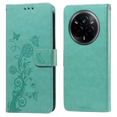 Voor Realme 14 Pro 5G Leren Hoesje met Motief van Vlinders en Bloemen Portemonnee Staander Cover - Groen