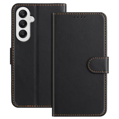 For Samsung Galaxy A25 5G (Global) (161.0 x 76.5 x 8.3mm) Leather Case Wallet Stand Solid Color Anti Drop Phone Cover - Black