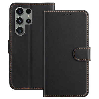 For Samsung Galaxy S23 Ultra Leather Case Wallet Stand Solid Color Anti Drop Phone Cover - Black
