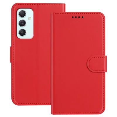 For Samsung Galaxy A35 5G Leather Case Wallet Stand Solid Color Anti Drop Phone Cover - Red