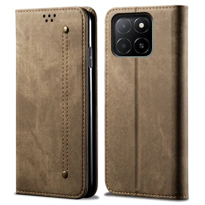 Voor Honor X8c 4G hoesje met stofjeansstructuur, krasbestendig lederen standaard telefoonhoesje - Kaki