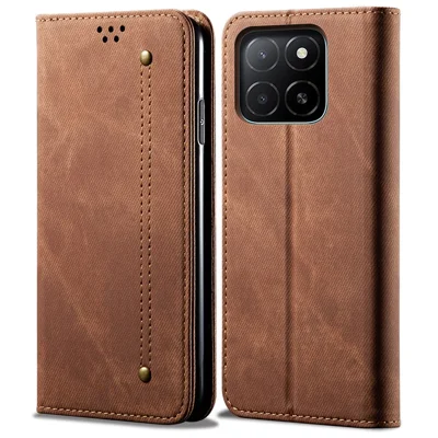 Voor Honor X8c 4G hoesje met jeansstoffen textuur, anti-kras lederen standaard telefoonhoes - Koffie