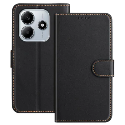 Voor Xiaomi Redmi Note 14 4G (163,25 mm) Lederen Hoesje Portemonnee Stand Effen Kleur Anti-val Telefoonhoes - Zwart