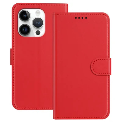 For iPhone 15 Pro Leather Case Wallet Stand Solid Color Anti Drop Phone Cover - Red