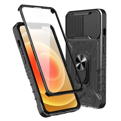 Slide Camera Protection PC + TPU Case for iPhone 14, Kickstand Full Coverage Phone Cover with Tempered Glass Screen Film - Black