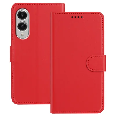 Voor Samsung Galaxy S25 Edge Leren Hoesje Portemonnee Stand Effen Kleur Anti Drop Telefoonhoes - Rood