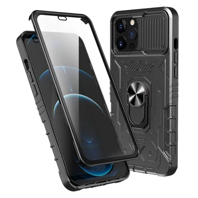 Slide Camera Protection Kickstand Case for iPhone 14 Pro, Tempered Glass Film Full Coverage PC + TPU Shockproof Phone Cover - Black