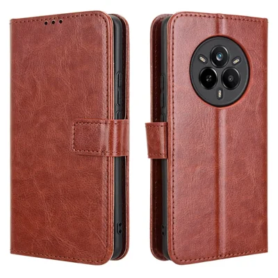 For Realme 14 Pro 5G Case Crazy Horse Texture PU Leather Phone Wallet Cover - Brown