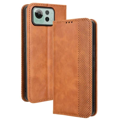 غطاء هاتف بتصميم جلد نسيج قديم مع محفظة وحامل لهاتف Asus Zenfone 12 Ultra 5G - بني