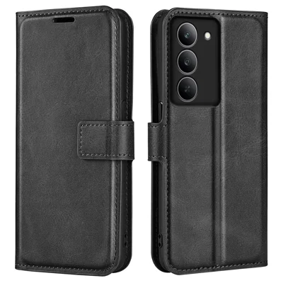 For Realme 14x 4G Stand Case Anti-Scratch Calf Texture Leather Phone Cover - Black
