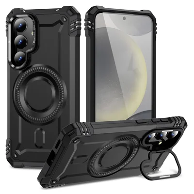 For Samsung Galaxy S24 Magnetic Case Lens Kickstand PC + TPU Shockproof Phone Cover - Black