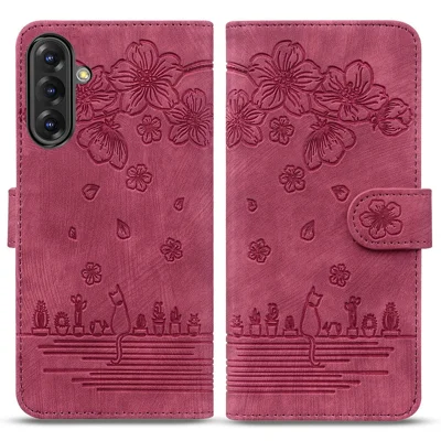 For Samsung Galaxy A56 5G Case Flip Stand Leather Phone Cover Cherry Blossom Cat Imprinted - Wine Red
