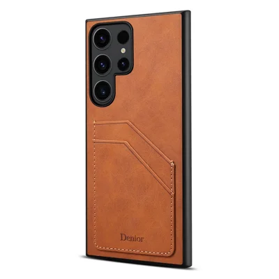 For Samsung Galaxy S25 Ultra Case PU Leather Coated PC + TPU Phone Back Cover with Dual Card Slots - Brown