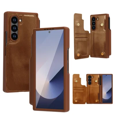 For Samsung Galaxy Z Fold6 5G Case Full Protection PU + PC Phone Cover with Front Film Card Holder - Light Brown