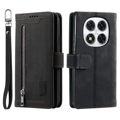 For Xiaomi Redmi Note 14 Pro 4G Case PU Leather Phone Cover with Zipper Wallet 9 Card Slots - Black