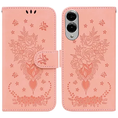 For Samsung Galaxy S25 Edge Case PU Leather Wallet Phone Cover Butterfly Flower Imprint - Pink