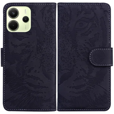 For Xiaomi Redmi Note 14 4G (163.25mm) Case Tiger Imprint Leather Wallet Phone Cover - Black