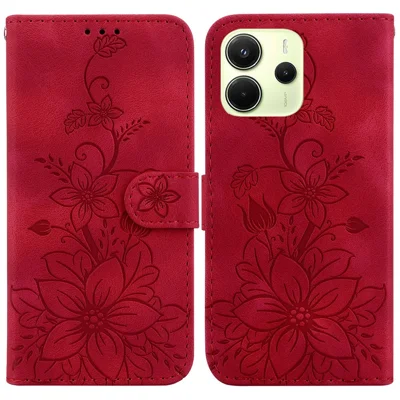 For Xiaomi Redmi Note 14 4G (163.25mm) Case Lily Flower Imprint Leather Phone Cover with Stand - Red