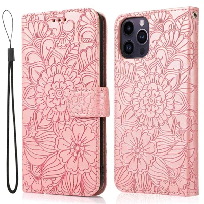 Für iPhone 14 Pro Anti-Scratch Wallet Case mit geprägtem Blumenmuster, PU-Leder, Ständer, Handyhülle mit Riemen - Pink
