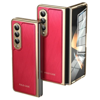 For Samsung Galaxy Z Fold4 5G Case PU Leather Coated PC Electroplated Phone Cover Built In Screen Protector - Red