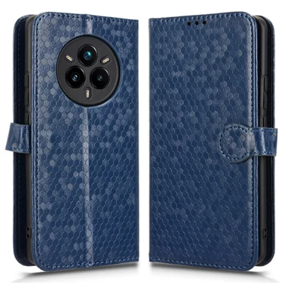 For Realme 14 Pro+ 5G Wallet Case Dot Pattern Imprint PU Leather Phone Cover - Dark Blue