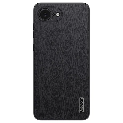 For iPhone 17e / 16e Case Wood Texture PU Leather Coated PC TPU Phone Cover - Black