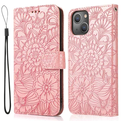 For iPhone 14 Plus PU Leather Phone Shell Stand Multifunction Wallet Imprinted Flower Pattern Phone Case with Strap - Pink