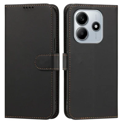 جراب جلد لـ Xiaomi Redmi Note 14 4G (164.84 مم) بتصميم محفظة وحامل بلون سادة مقاوم للسقوط - أسود