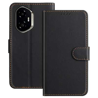 For Honor 300 Leather Case Wallet Stand Solid Color Anti Drop Phone Cover - Black