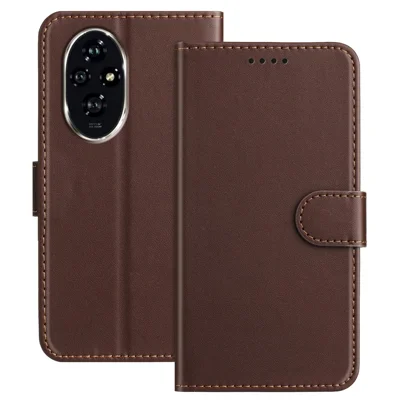For Honor 200 5G Leather Case Wallet Stand Solid Color Anti Drop Phone Cover - Brown