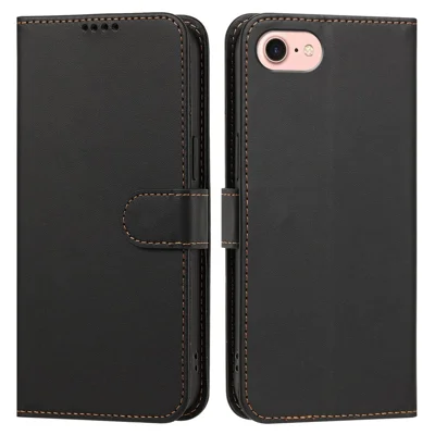For iPhone SE (2022) / iPhone 6 4.7-inch / iPhone 6s 4.7-inch / iPhone 7 4.7 inch / iPhone 8 4.7 inch / iPhone SE (2020) Leather Case Wallet Stand Solid Color Anti Drop Phone Cover - Black