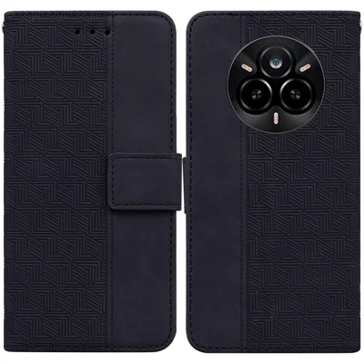Til Realme 14 Pro 5G Etui Geometrisk Mønster Læder Wallet Telefondæksel med Håndledsrem - Sort