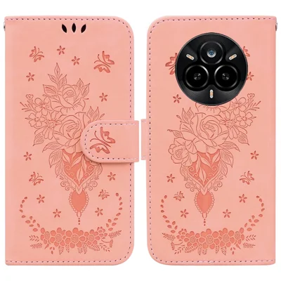For Realme 14 Pro 5G Case PU Leather Wallet Phone Cover Butterfly Flower Imprint - Pink