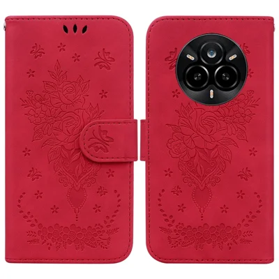Voor Realme 14 Pro 5G hoesje PU leer portemonnee telefoonhoesje met vlinder- en bloemenprint - Rood